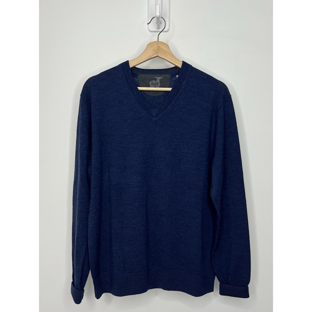 Raffi Sweater Mens Medium Blue V-Neck 100% Merino Wool Knit Pullover Classic